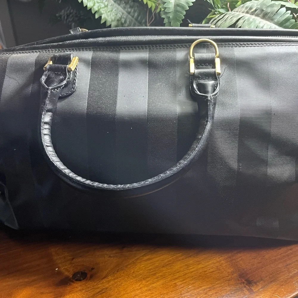 Fendi Black Striped Duffel Bag travel with strap. Convertible Boston bag